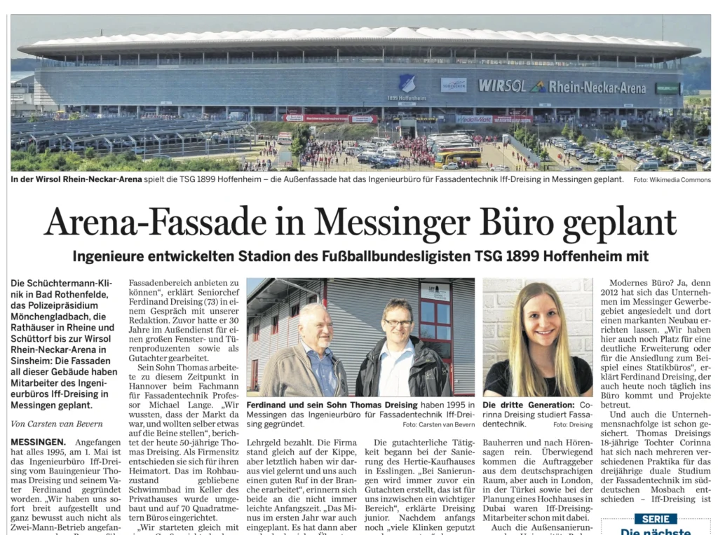 Zeitungsauszug zur TSG Hoffenheim Arena Fassade mit Bericht zur Familie Dreising